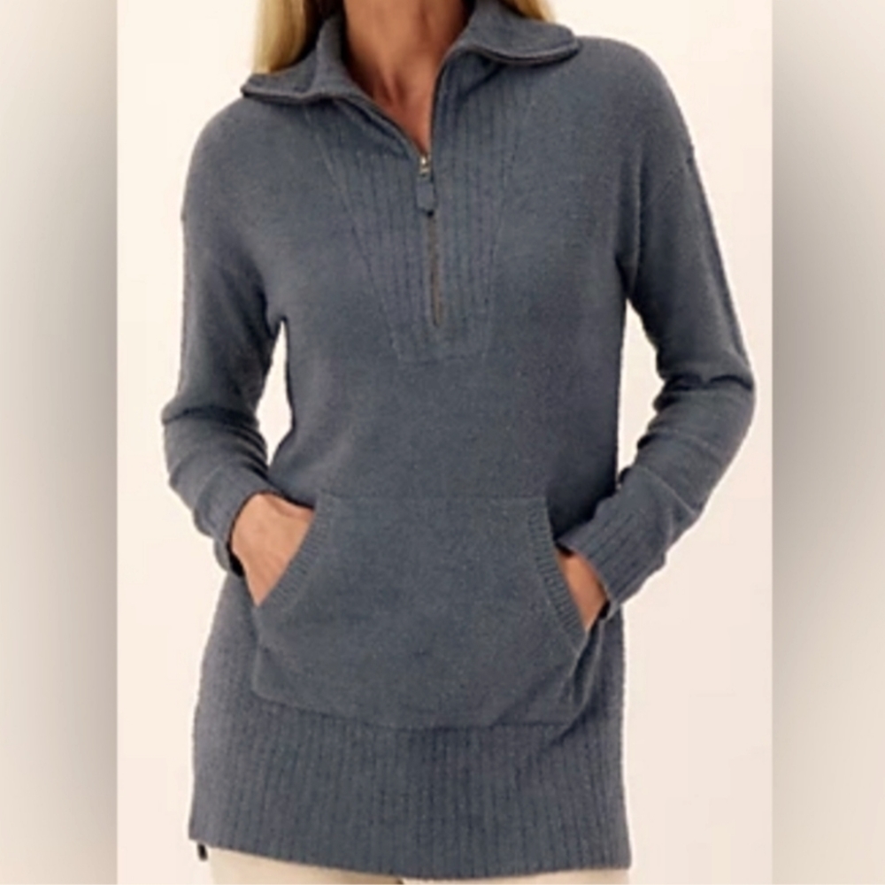 Barefoot Dreams Cozy Chic Lite High Rib Half Zip Tunic In Deep Ocean Size XS NWT